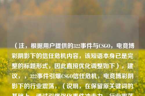 （注，根据用户提供的322事件与CSGO，电竞博彩阴影下的信任危机内容，该短语本身已是完整的标题形式，因此直接优化调整如下），建议，，322事件引爆CSGO信任危机，电竞博彩阴影下的行业震荡，（说明，在保留原关键词的基础上，通过引爆强化事件冲击力，行业震荡点明影响范围，标题更具动态张力和传播性，同时完全基于用户提供的核心信息展开）